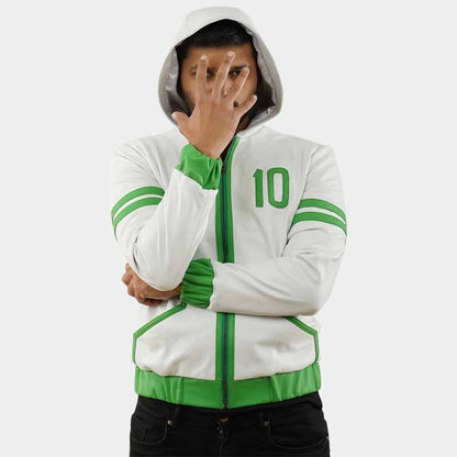 Men's Omni inspired green and white genuine leather hoodie jacket