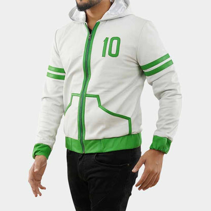 Men's Omni Inspired Green and White Sheepskin Leather Hoodie Jacket with Kangaroo Pocket