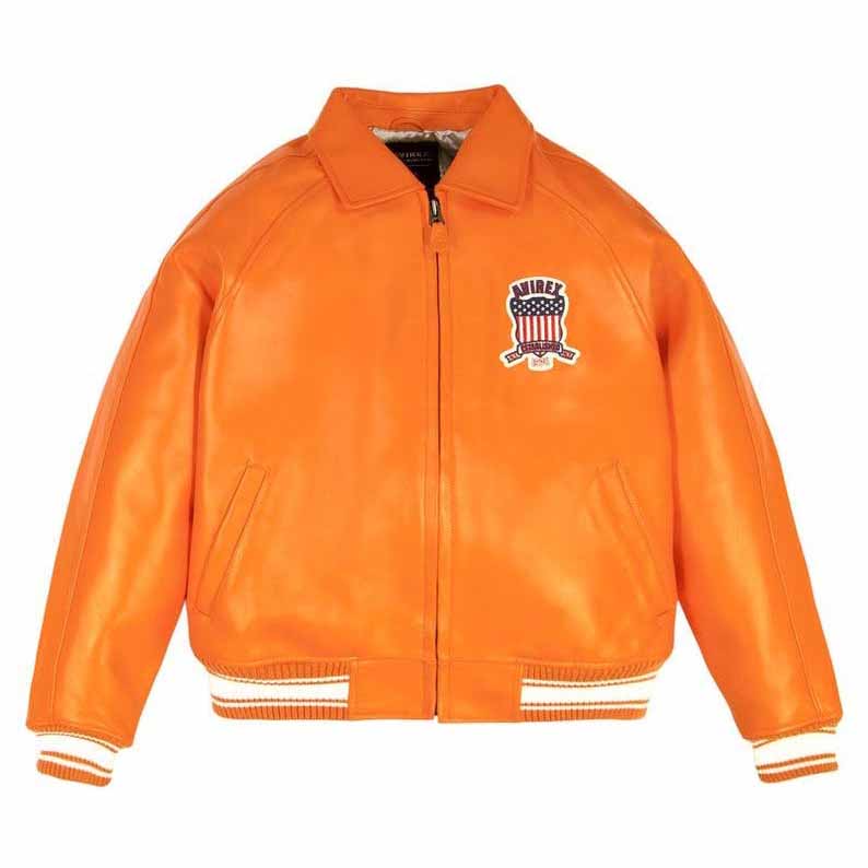 Women's Orange Leather Avirex Varsity Jacket with American Dream Patch
