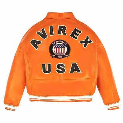 Women's Orange Leather Avirex Varsity Jacket with American Dream Patch