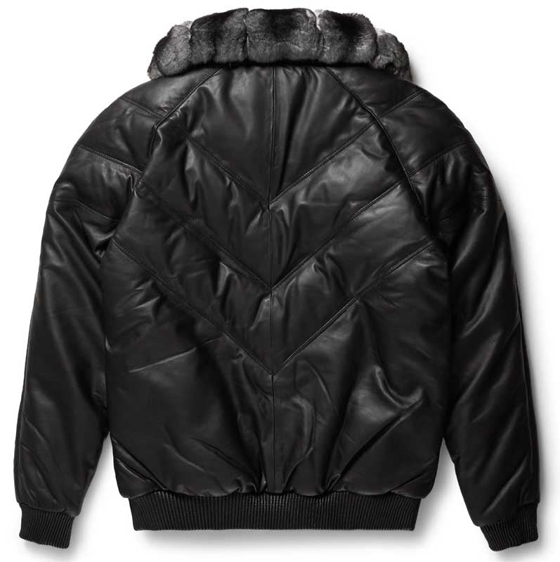 Men's genuine sheepskin black leather V-bomber jacket with insulated lining