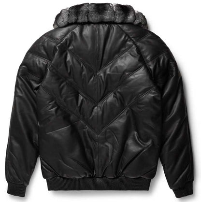 Men's genuine sheepskin black leather V-bomber jacket with insulated lining