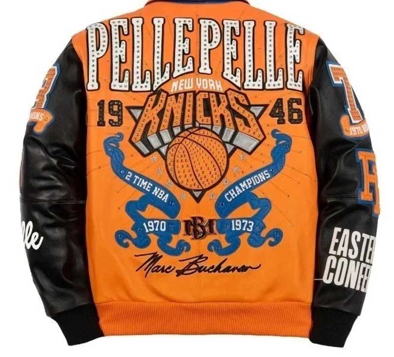 orange Pelle Pelle Knicks-inspired leather varsity jacket.