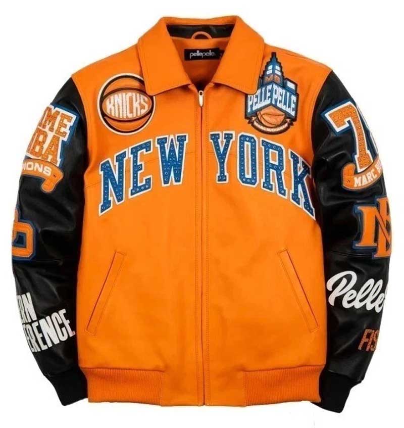 Men's Pelle Pelle x Knicks orange leather varsity jacket inspired by the 1970–73 Champions design.