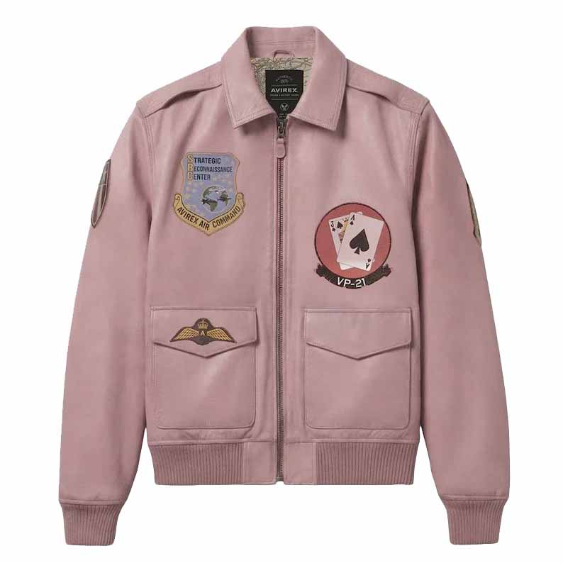 Men's Pink Genuine Leather Avirex A2 Flight Jacket with Vintage Military Patches