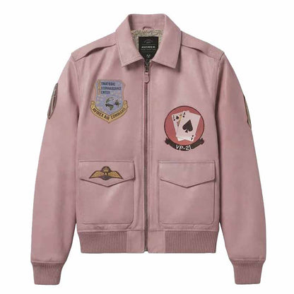 Men's Pink Genuine Leather Avirex A2 Flight Jacket with Vintage Military Patches