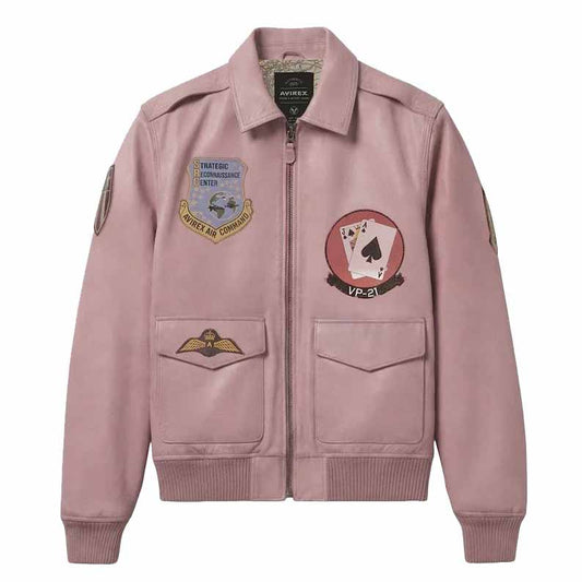 Men's Pink Genuine Leather Avirex A2 Flight Jacket with Vintage Military Patches - 3amoto shop