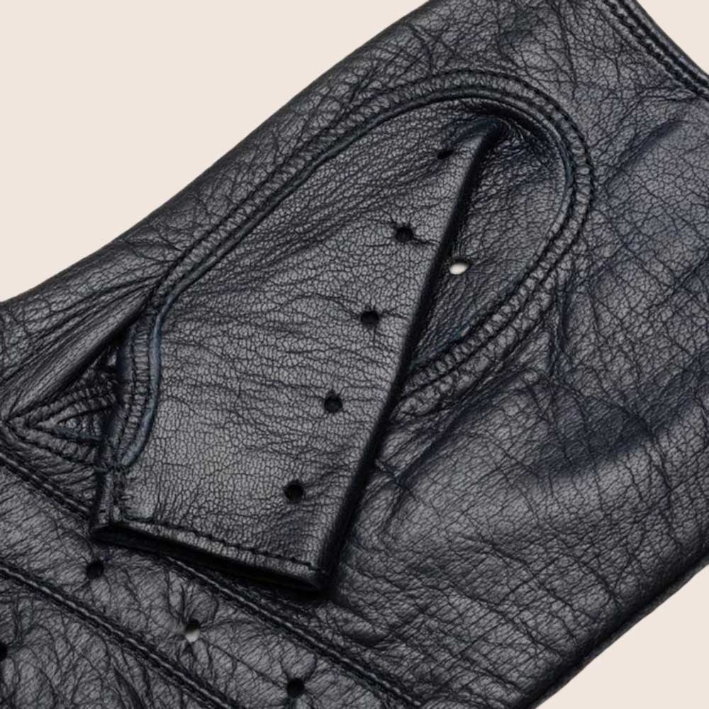 Close-up of a black leather glove with stitching details