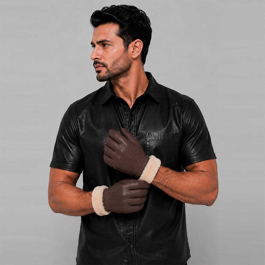 Premium dark brown leather fur lined winter glove front view - 3amoto shop
