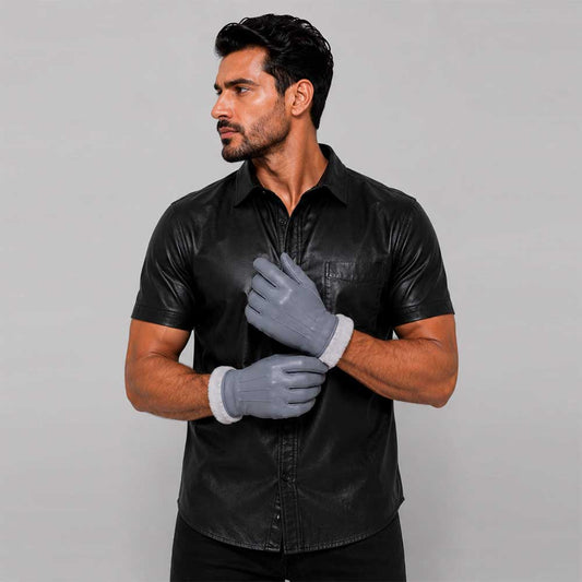 Premium grey leather fur lined winter glove front view - 3amoto shop