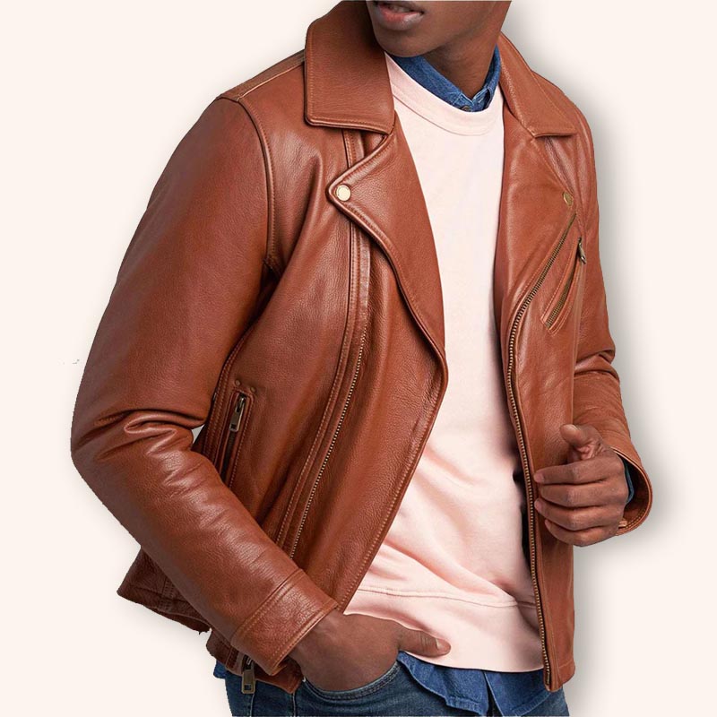 Men's Tan Brown Leather Biker Jacket - 3amoto