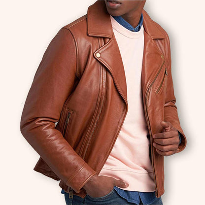 premium mens tan brown leather biker jacket