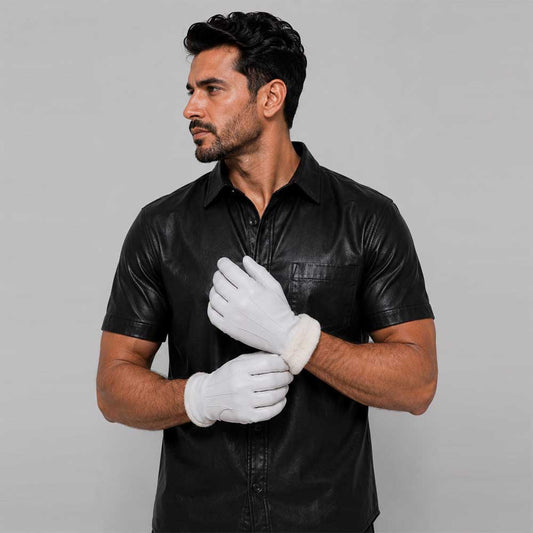 Premium white leather fur lined winter glove front view - 3amoto shop