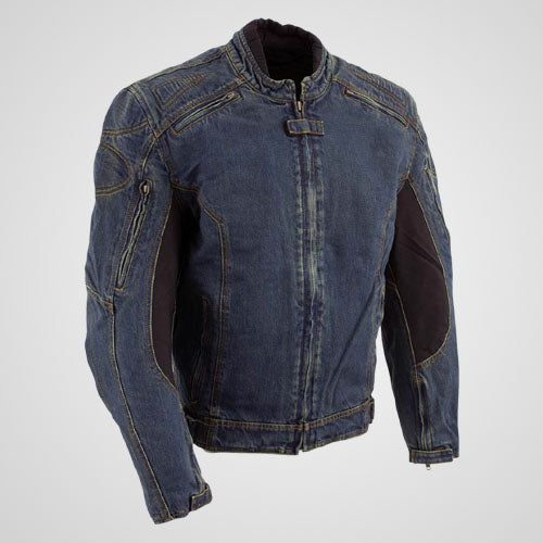 Armored denim motorcycle jacket with shoulder and elbow armor pockets