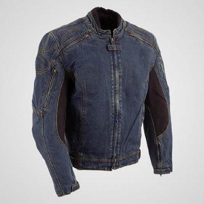 Armored denim motorcycle jacket with shoulder and elbow armor pockets