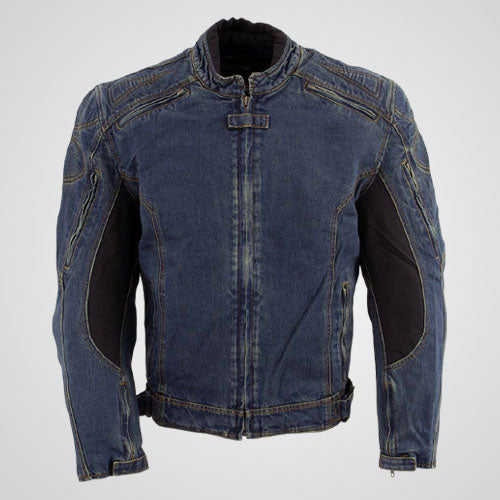 Men’s protective denim motorcycle jacket in washed blue