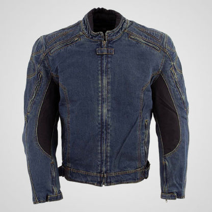 Men’s protective denim motorcycle jacket in washed blue