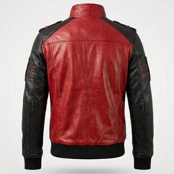 Back view of red and black biker bomber leather jacket for men