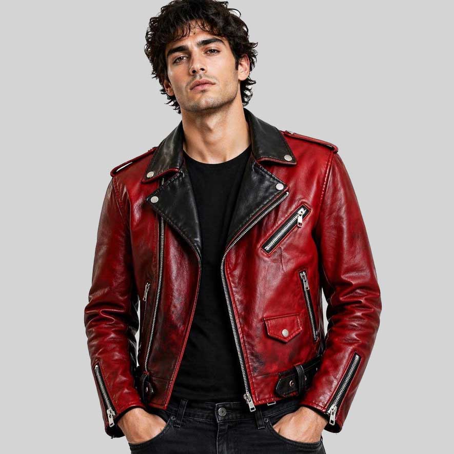 Red Black Distressed Biker Leather Jacket front view in genuine leather