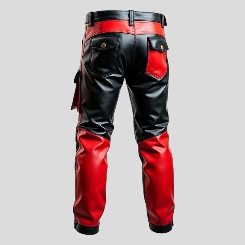 Men’s Red Black Leather Biker Pants Cargo Trousers