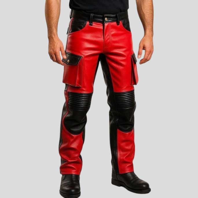 Men’s Red Black Leather Biker Pants Cargo Trousers