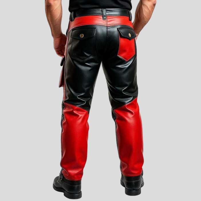 Men’s Red Black Leather Biker Pants Cargo Trousers