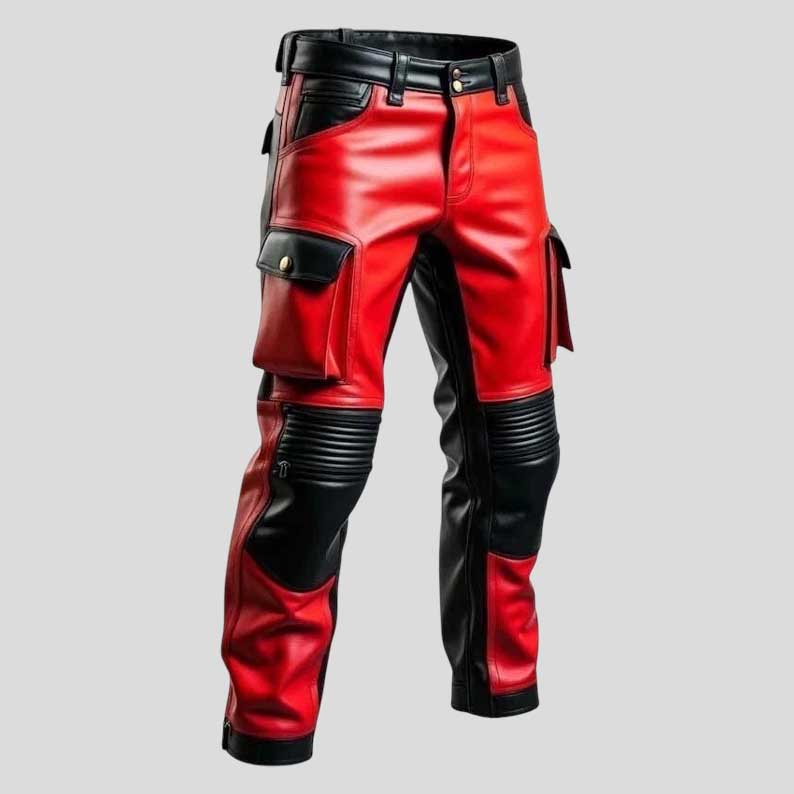 Men’s Red Black Leather Biker Pants Cargo Trousers