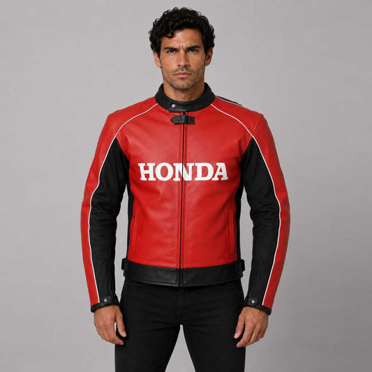 Red Honda Racing Motorbike Leather Jacket - 3amoto shop
