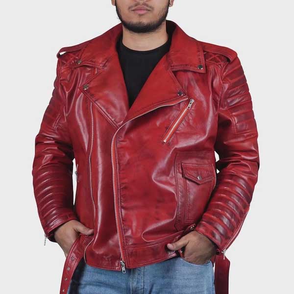 Handmade red biker leather jacket featuring asymmetrical zipper closure