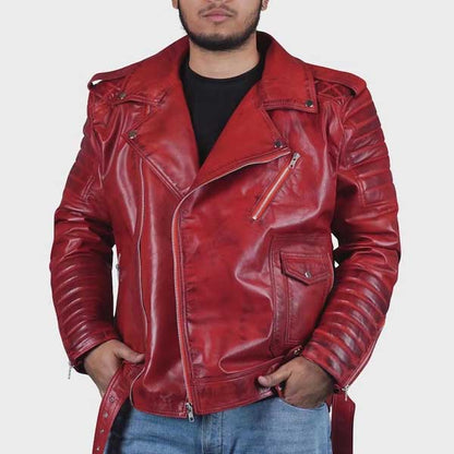 Handmade red biker leather jacket featuring asymmetrical zipper closure