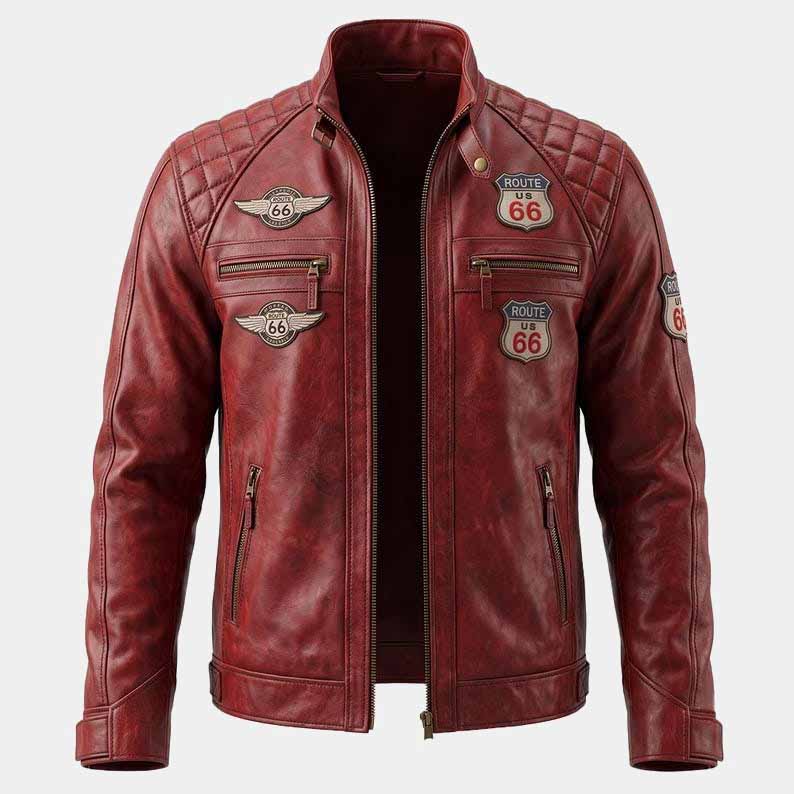 Retro Route 66 motorcycle jacket in premium vintage red leather