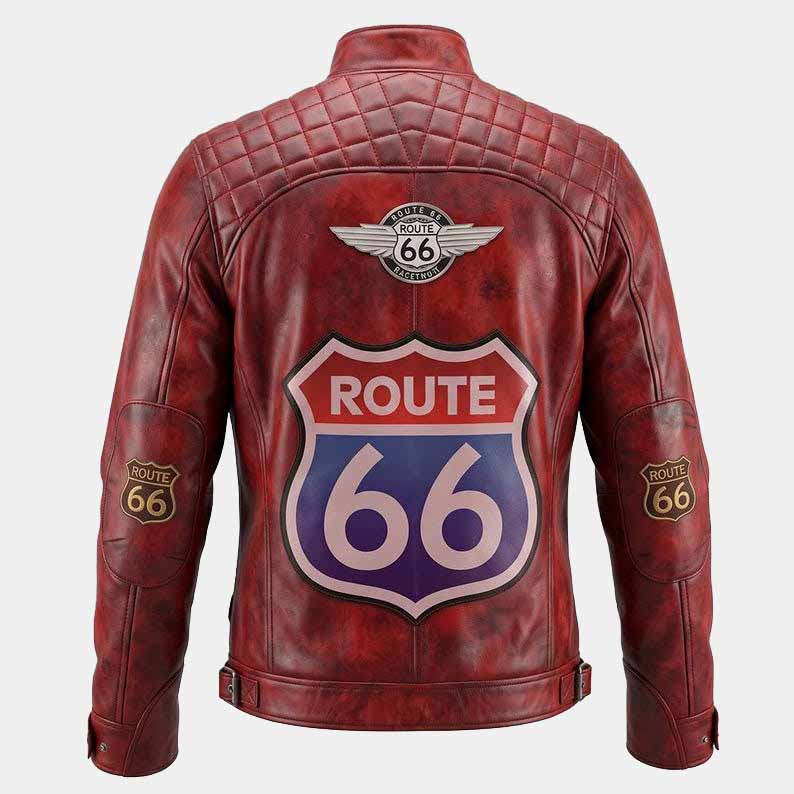 Men's red vintage leather motorcycle jacket with Retro Route 66 style