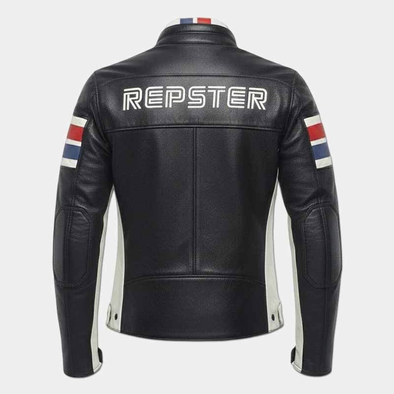 Black Repster leather motorcycle jacket with vintage tricolor design
