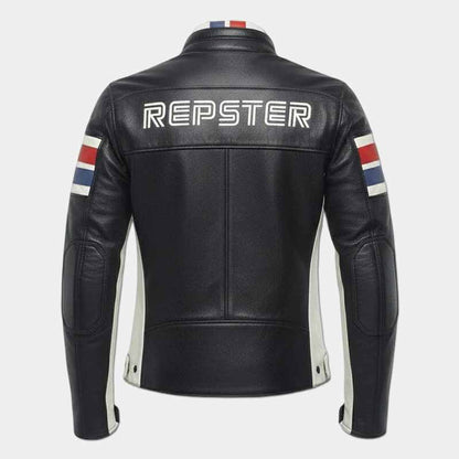 Black Repster leather motorcycle jacket with vintage tricolor design