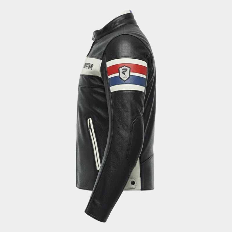 Men's retro racing leather biker jacket with white contrast chest panel