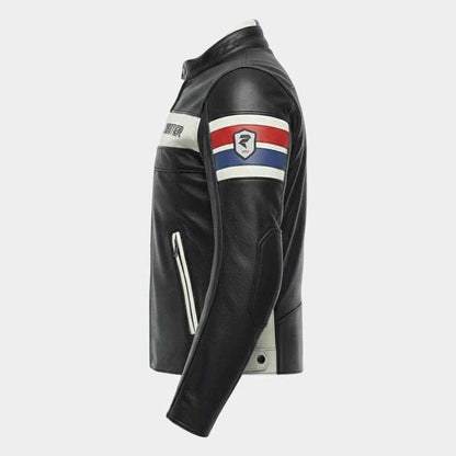 Men's retro racing leather biker jacket with white contrast chest panel