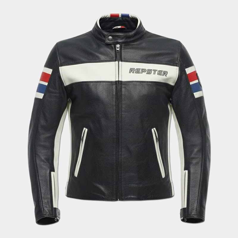 Repster 1993 men's black genuine leather cafe racer jacket with racing stripes