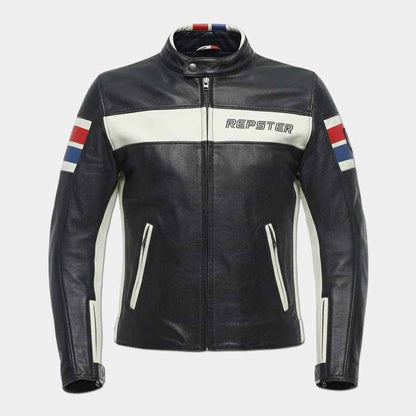 Repster 1993 men's black genuine leather cafe racer jacket with racing stripes