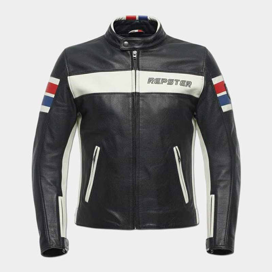Repster 1993 men's black genuine leather cafe racer jacket with racing stripes - 3amoto shop