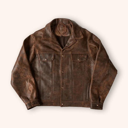 shop mens trucker distressed leather jacket in dark brown 3amoto