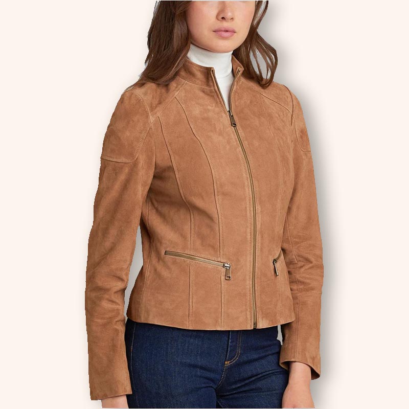 Shop Women's Tan Brown Suede Leather Biker Jacket at 3amoto