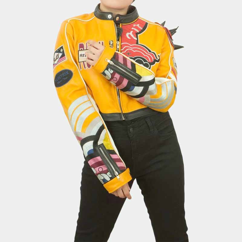 Premium yellow cosplay leather jacket with embroidered patches