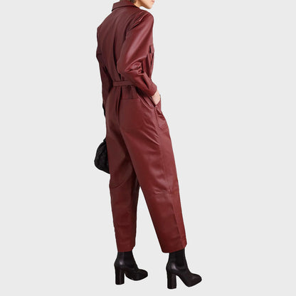 Sleek Cherry Red Leather Women's Jumpsuit