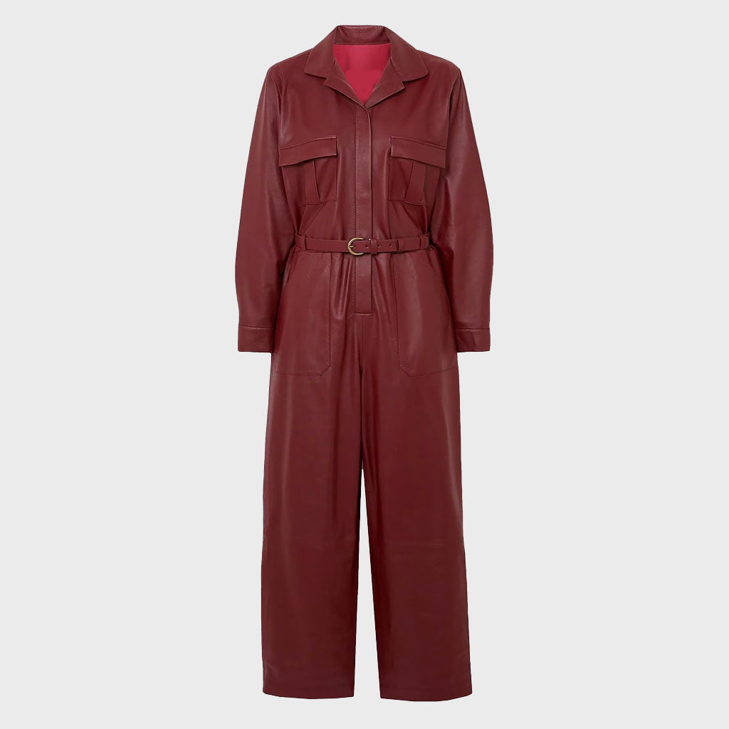 Sleek Cherry Red Leather Women's Jumpsuit