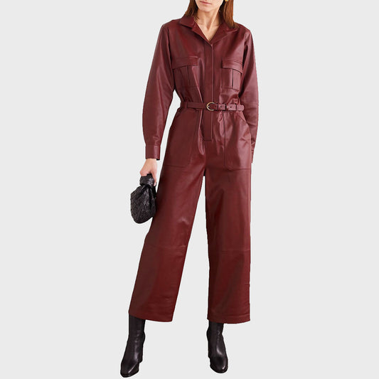 Sleek Cherry Red Leather Women's Jumpsuit - Fashion Leather Jackets USA - 3AMOTO