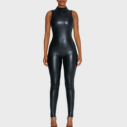 Sleeveless Croc Embossed Leather Jumpsuit