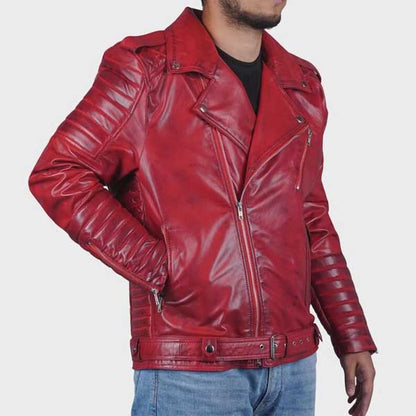 Quilted red leather biker outerwear with multiple zipper pocket detail
