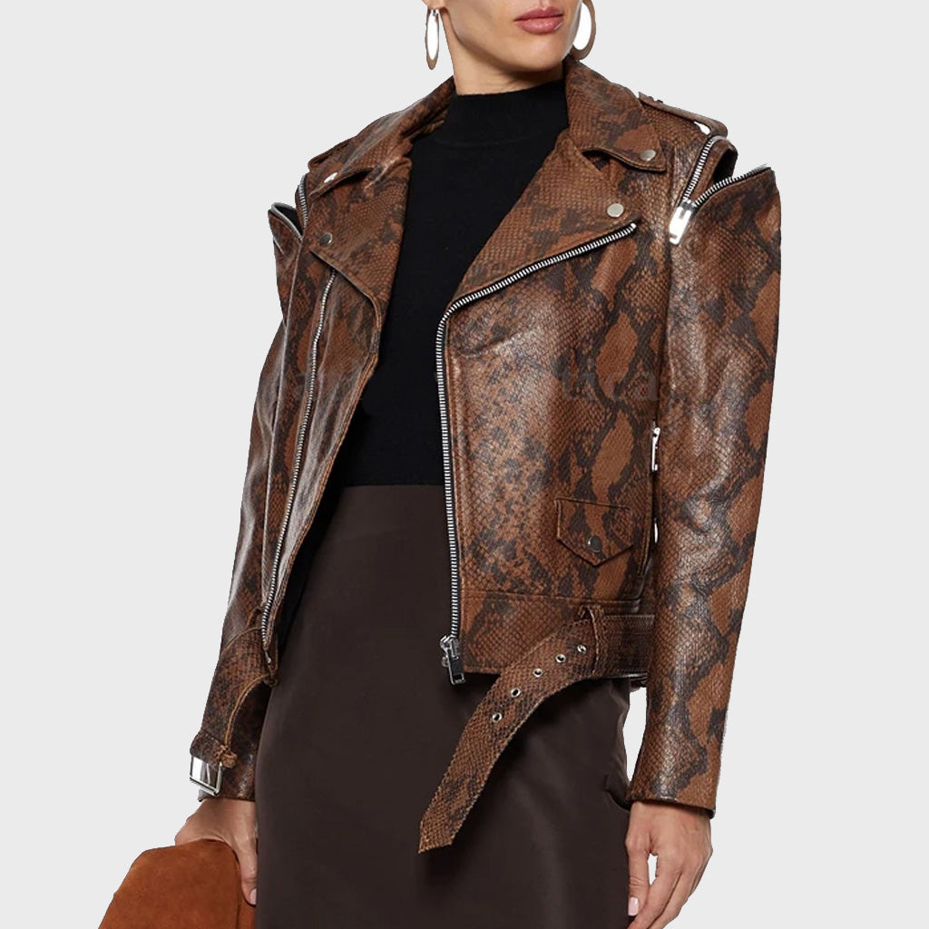 Snake Print Women's Leather Biker Jacket - Biker Jacket Women