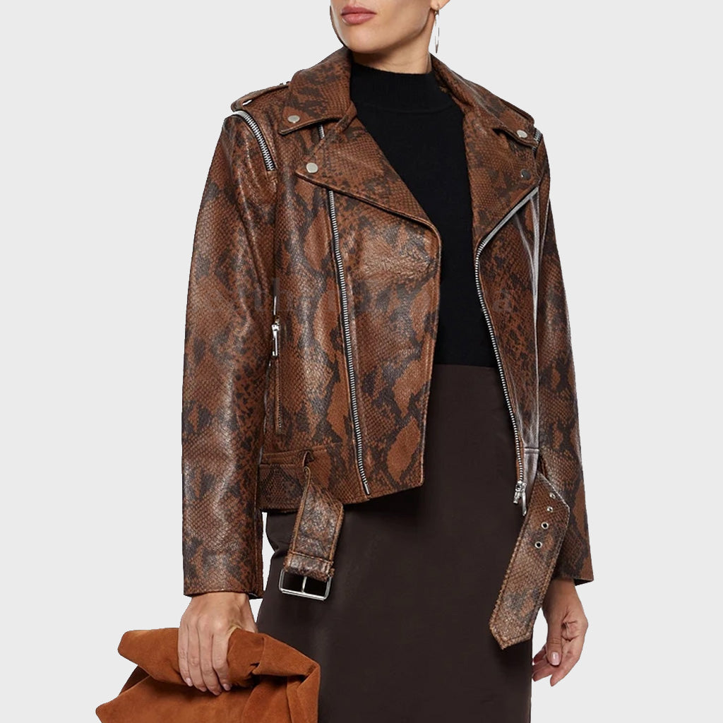 Snake Print Women's Leather Biker Jacket - Biker Jacket Women