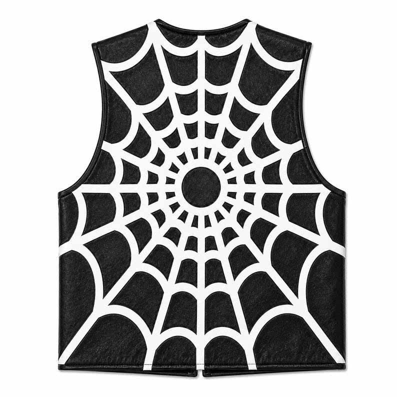 Men's Genuine Leather Motorcycle Vest with Spider Web Back Design